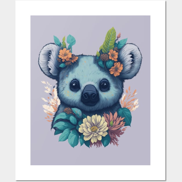 Cute Koala bear face with flowers t-shirt design, apparel, mugs, cases, wall art, stickers, travel mug Wall Art by LyndaMacDesigns